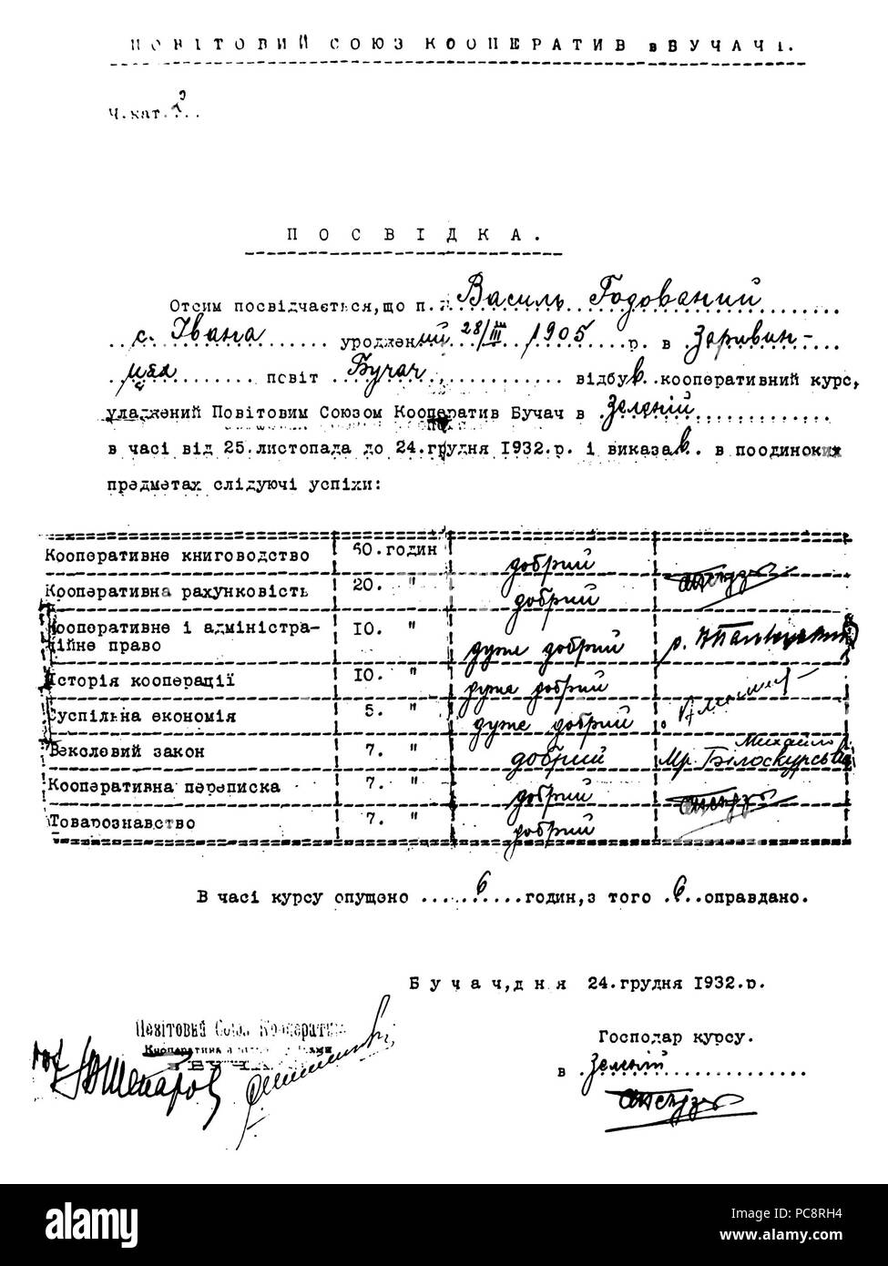 685 Повітовий союз кооператив у Бучачі - Посвідка - 24 грудня 1932 року Foto Stock