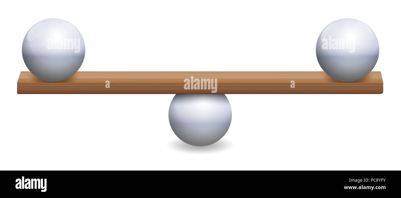 Equilibrio instabile con tre palle di ferro e una tavola di legno. Simbolico per l'instabilità, di incertezza e di insicurezza o di un delicato equilibrio. Foto Stock
