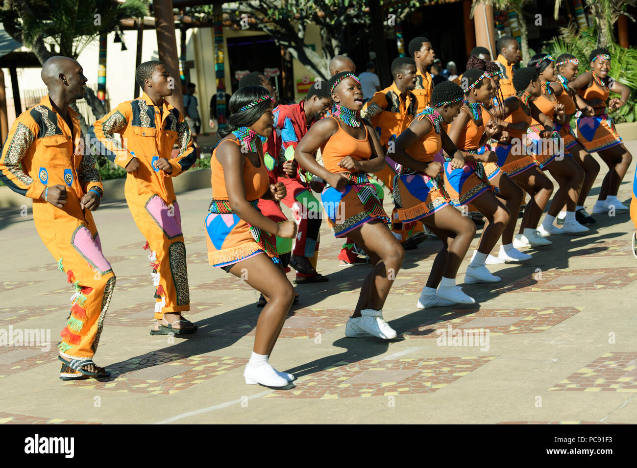 Righe di maschio e femmina degli artisti di strada in costume culturale acting out tradizionali canzoni Zulu, Durban, Sud Africa Foto Stock