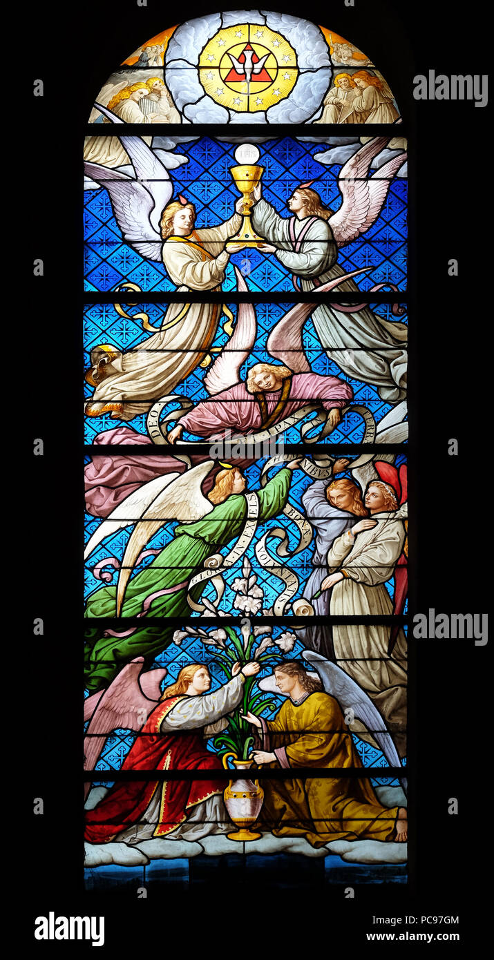 La nascita di Gesù gli angeli proclamano le parole 'Deo et in terra pax hominibus par bonae voluntatis', St Gervais e St Protais Chiesa a Parigi Foto Stock