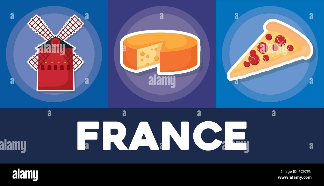 Imposta icona della Francia su sfondo blu, design colorato. illustrazione vettoriale Illustrazione Vettoriale