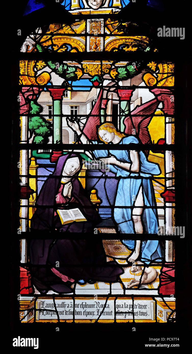 Sant'Anna ha ricevuto la visione dell angelo che ha annunciato la nascita di Maria, le finestre di vetro macchiate in Saint Gervais e Saint Protais Chiesa, Parigi. Foto Stock