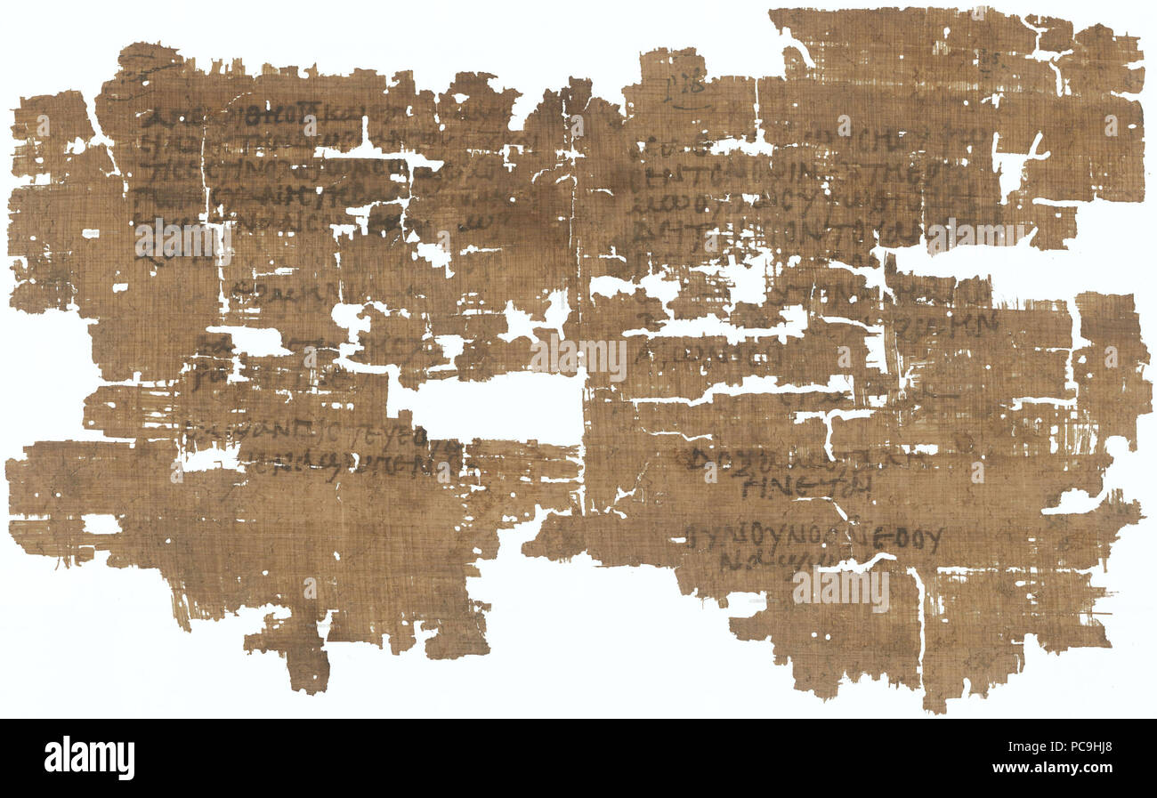 Bibelorakel: Jede Seite enthält einen nummerierten Vers aus dem Evangelium nach Johannes: 3, 14-15 (Seite 1); 3, 16-18 (Seite 2); 4, 9 (Seite 3); 4, 10 (Seite 4). Nach jedem Vers folgt eine kurze Auslegung auf Griechisch, die dann vom Wort ἑρμηνία eingeleitet auf Koptisch wiederholt wird. 6. Jh. n.Chr. 467 Papiro 63 - Staatliche Museen zu Berlin inv. 11914 - Il Vangelo di Giovanni 3,14-18 4,9-10 - recto Foto Stock Bibelorakel: Jede Seite enthält einen nummerierten Vers aus dem Evangelium nach Johannes: 3, 14-15 (Seite 1); 3, 16-18 (Seite 2); 4, 9 (Seite 3); 4, 10 (Seite 4). Nach jedem Vers folgt eine kurze Auslegung auf Griechisch, die dann vom Wort ἑρμηνία eingeleitet auf Koptisch wiederholt wird. 6. Jh. n.Chr. 467 Papiro 63 - Staatliche Museen zu Berlin inv. 11914 - Il Vangelo di Giovanni 3,14-18 4,9-10 - recto Foto Stock