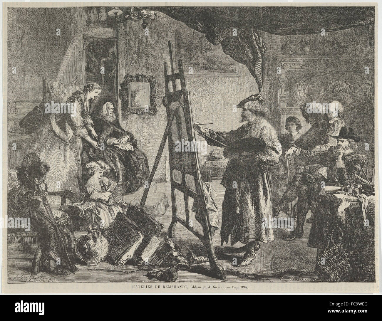 William Luson Thomas (British, Londra 1830-1900 Chertsey, Surrey) L?Atelier de Rembrandt, tableau de J. Gilbert (da 'L?Univers Illustré", p. 395), 14 novembre 1861 British, incisione su legno; foglio: 9 3/4 × 12 5/8 in. (24,7 × 32 cm), il Metropolitan Museum of Art di New York, dono di Donato Esposito, 2014 (2014.545.5) http://www.metmuseum.org/Collections/search-the-collections/656830 649 William Luson Thomas - L'Atelier de Rembrandt, tableau de J. Gilbert Foto Stock