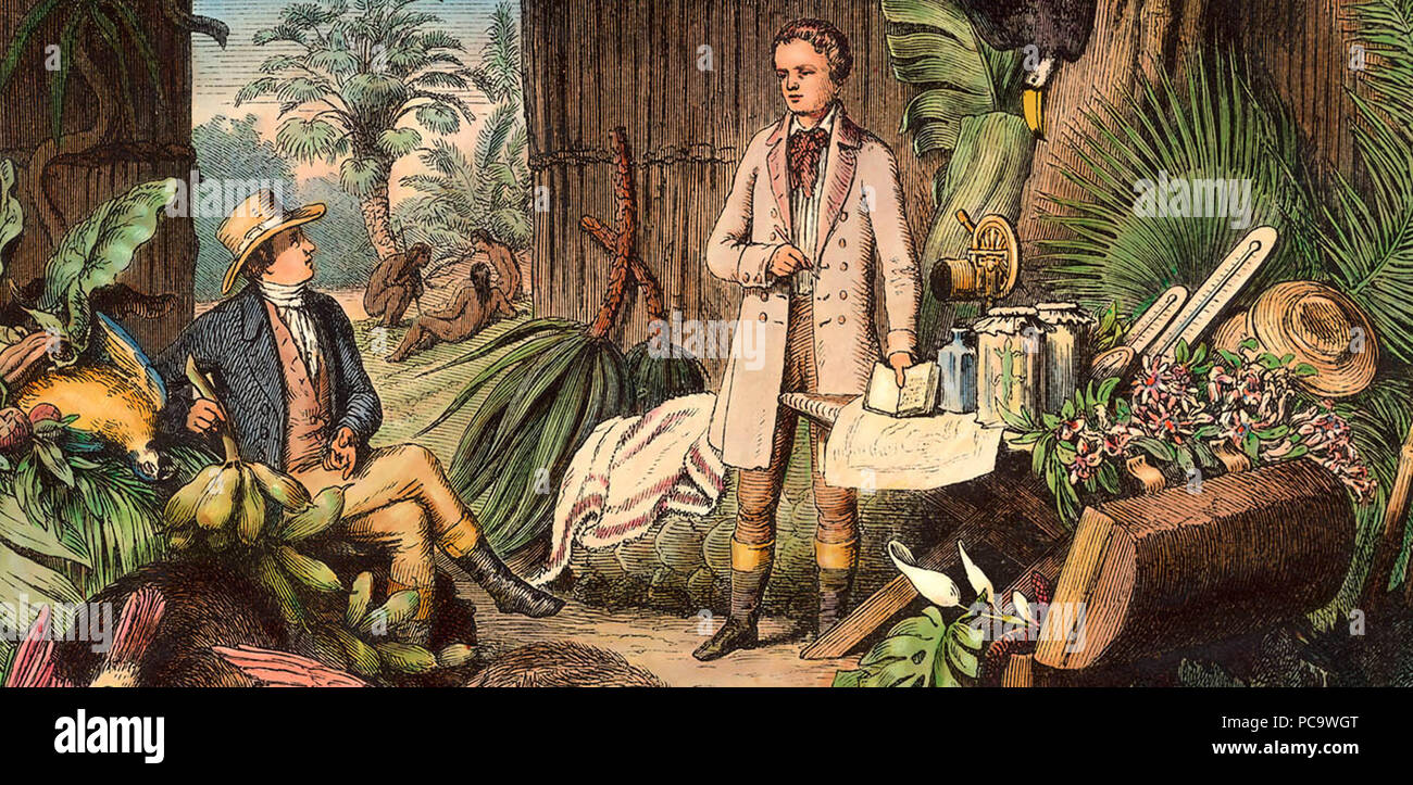 Holzstich (1870) von <br> Otto Roth <br> nach einer Zeichnung von H. Lademann, 1870 <br> Urwaldlaboratorium - Erlegte und noch zu pr"parierende Tiere, zu herbarisierende Pflanzen / rechts in Spiritusgl"sern aufbewahrte pr"parierte Tiere. <BR> Persona: Alexander von Humboldt [1769 - 1859], Deutscher Naturforscher und Forschungsreisender <br> Systematik: <br> Personen / Gelehrte / Deutschland / Humboldt, A. V. / Reisen 25 Humboldt&amp;Bonpland Orenoque Foto Stock