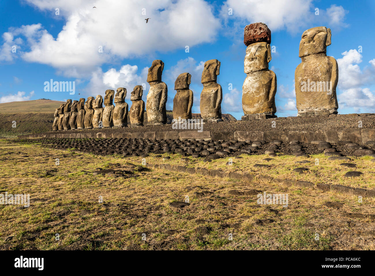 Ahu Tongariki, la più straordinaria piattaforma Ahu sull'Isola di Pasqua. 15 moais ancora in piedi fino a sud est dell'isola. Ahu Tongariki rivela il Moai Foto Stock