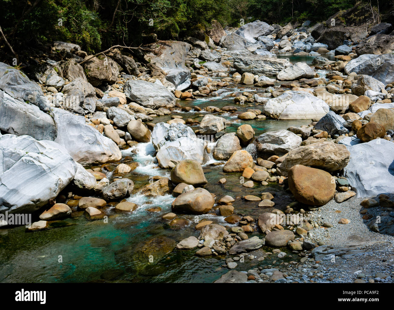 Vista sul fiume con rocce di marmo lungo il sentiero Shakadang in Taroko Gorge National Park in Hualien Taiwan Foto Stock