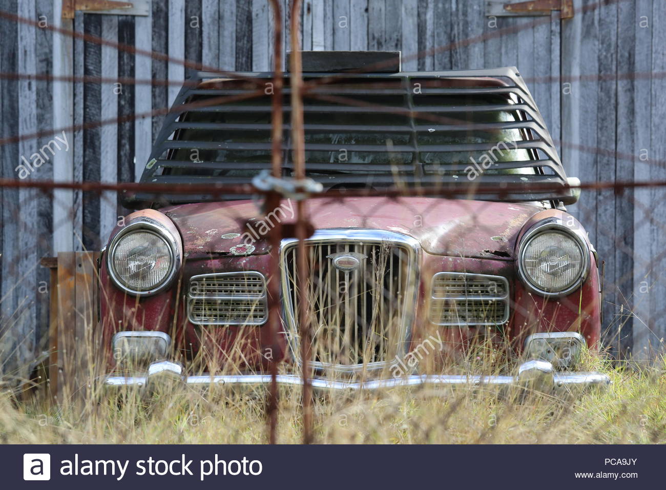 Una vecchia ruggine auto inutilizzati si erge come l'erba cresce attorno ad esso in prossimità di una casa diroccata. Foto Stock