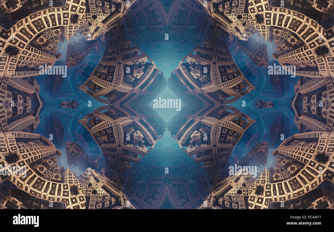 Epic abstract fantastico poster o di sfondo. Il futuristico vista dall'interno del frattale. Pattern in forma di frecce. Foto Stock