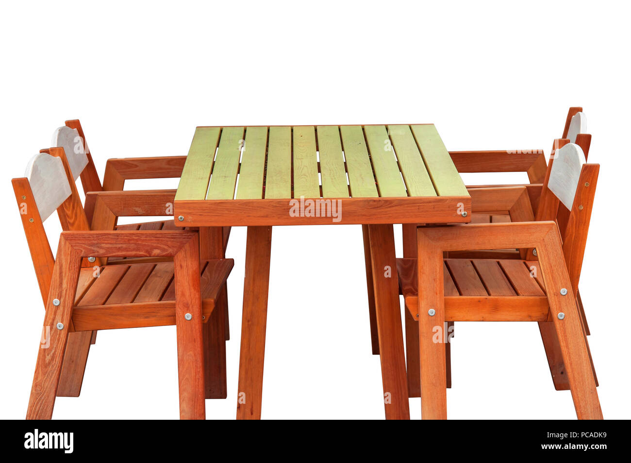 Tavolo in legno e sedia isolato su bianco Foto Stock