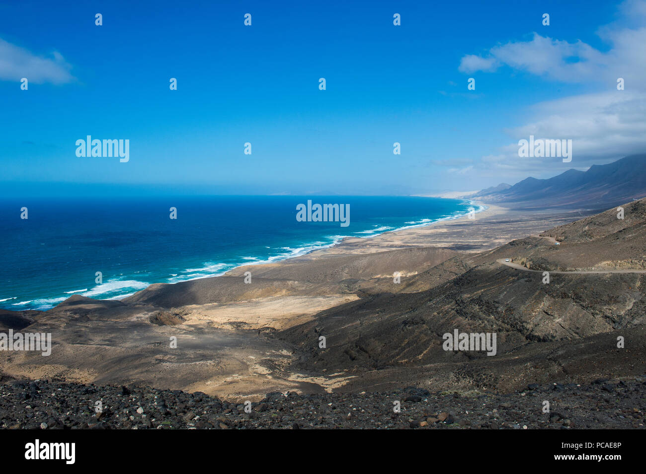 Distanza Spiaggia Cofete, Fuerteventura, Isole Canarie, Spagna, Atlantico, Europa Foto Stock