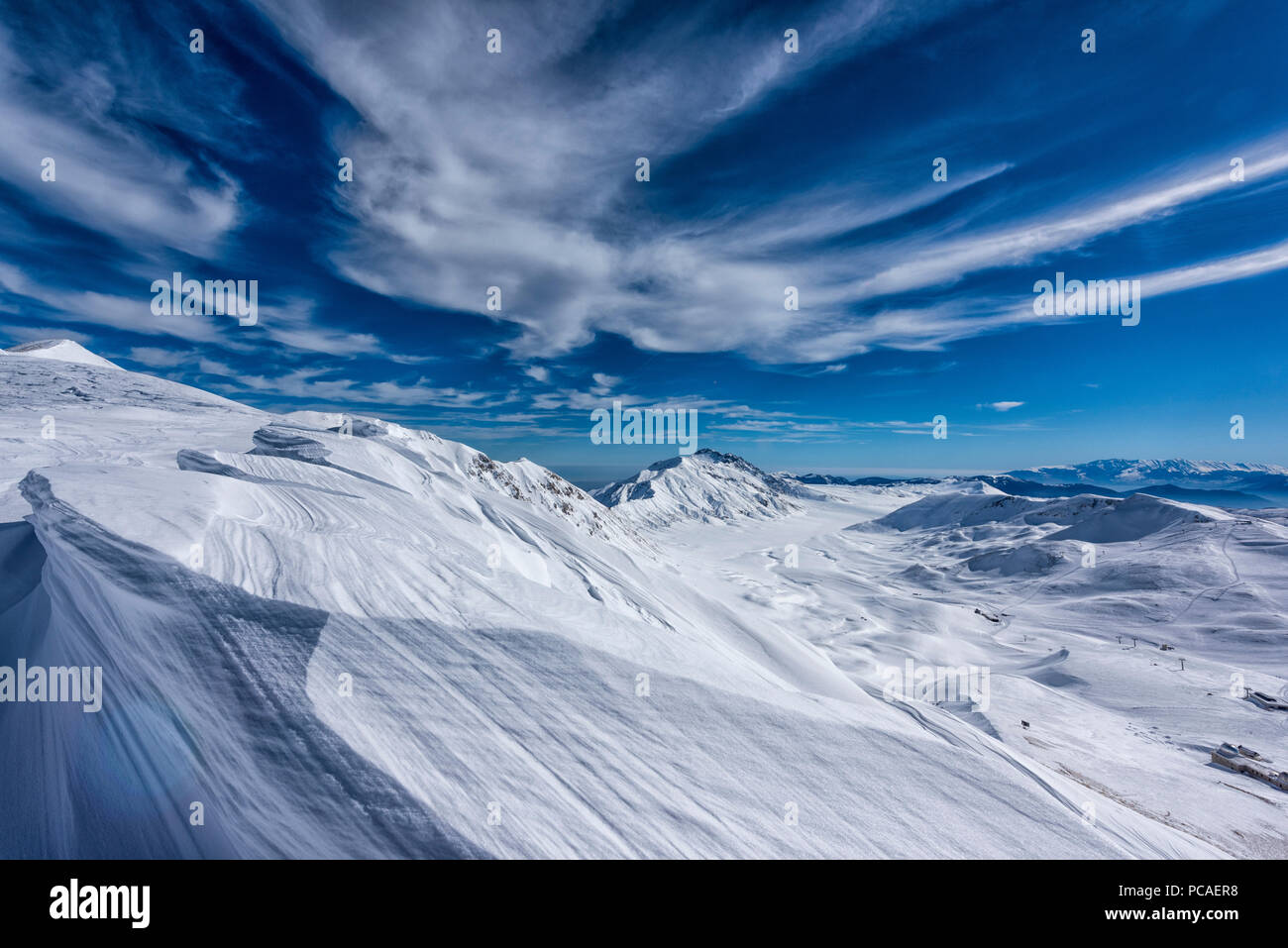 Campo Imperatore altopiano in inverno, del Gran Sasso e Monti della Laga, Abruzzo, Appennini, Italia, Europa Foto Stock