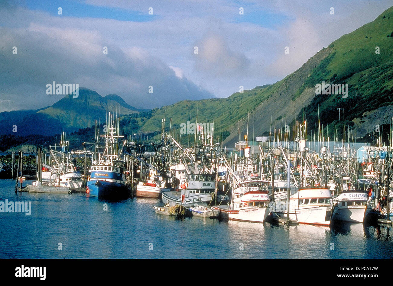 Ca. 2005 - Una vasta gamma di barche galleggiante sulle calme acque di Kodiak nella parte anteriore del deep green hills, turbolento e nuvole. Porto di Kodiak Foto Stock