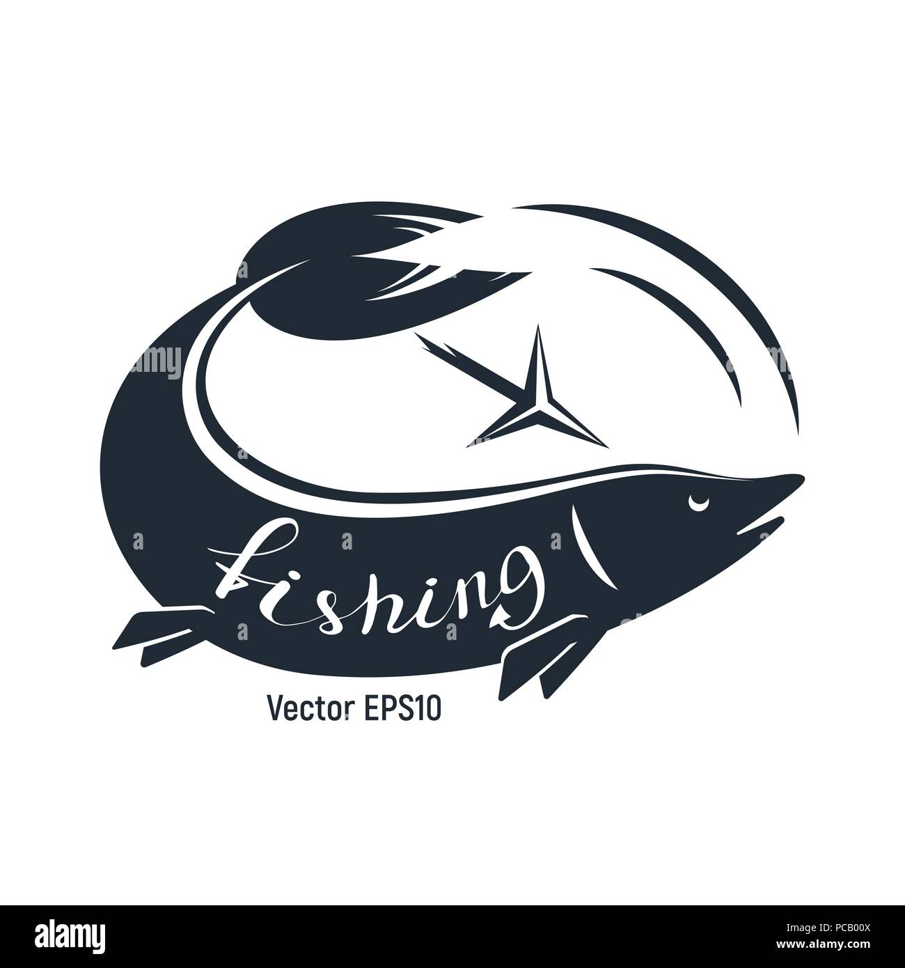 Pesce con arpioni per la pesca. Il bianco e nero è una semplice illustrazione vettoriale. Lettering. Illustrazione Vettoriale