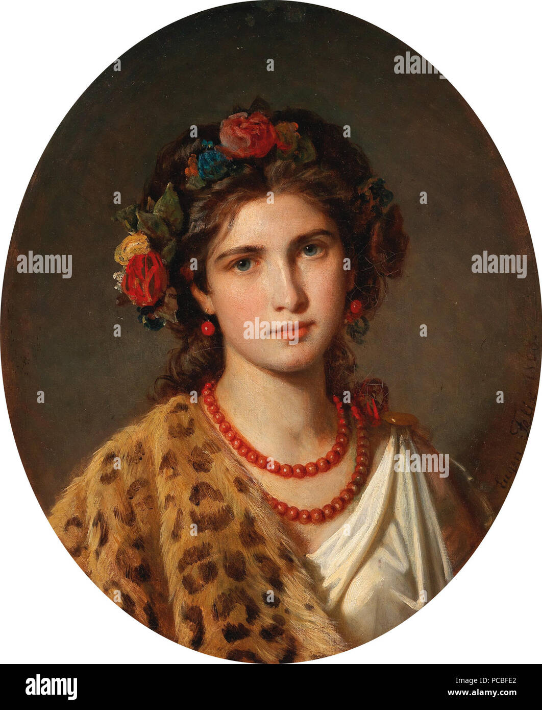 32 Eugen Felix - Ritratto di una ragazza con la corona di rose tra i capelli e la pelle di leopardo Foto Stock