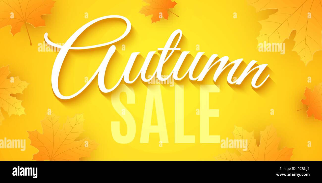 Vendita autunnale. Banner pubblicitario. Invito biglietto di auguri. 3D la calligrafia e scritte. Rosso e arancio foglie di acero. Foglie di caduta. Illustrazione Vettoriale Illustrazione Vettoriale