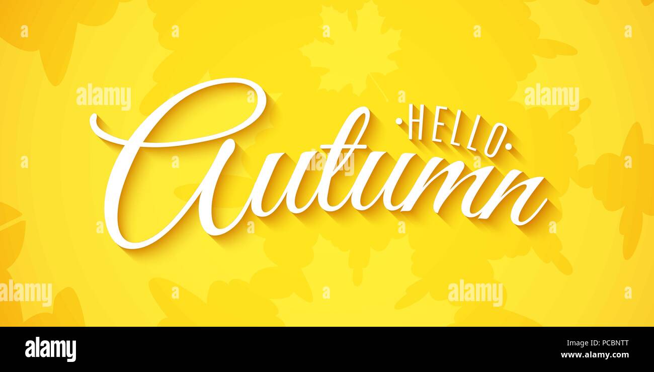 Ciao autunno. Banner pubblicitario. Invito biglietto di auguri. 3D la calligrafia e scritte. Foglie di acero. Foglie di caduta. Illustrazione Vettoriale. EPS 10 Illustrazione Vettoriale