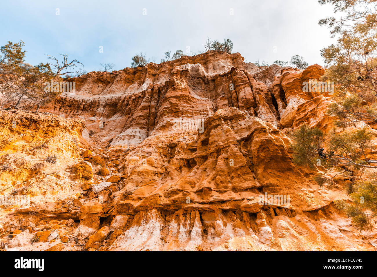 Erodendo orange scogliere di arenaria oltre il Fiume Murray nel Riverland, Sud Australia Foto Stock