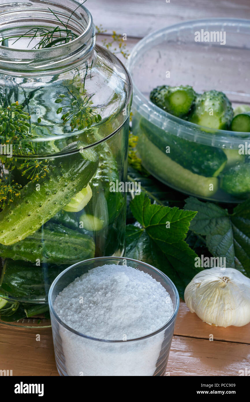 Vista dall'alto di cetrioli in un vaso e gli ingredienti per il decapaggio. Il concetto di conservazione di alimenti per l'inverno Foto Stock