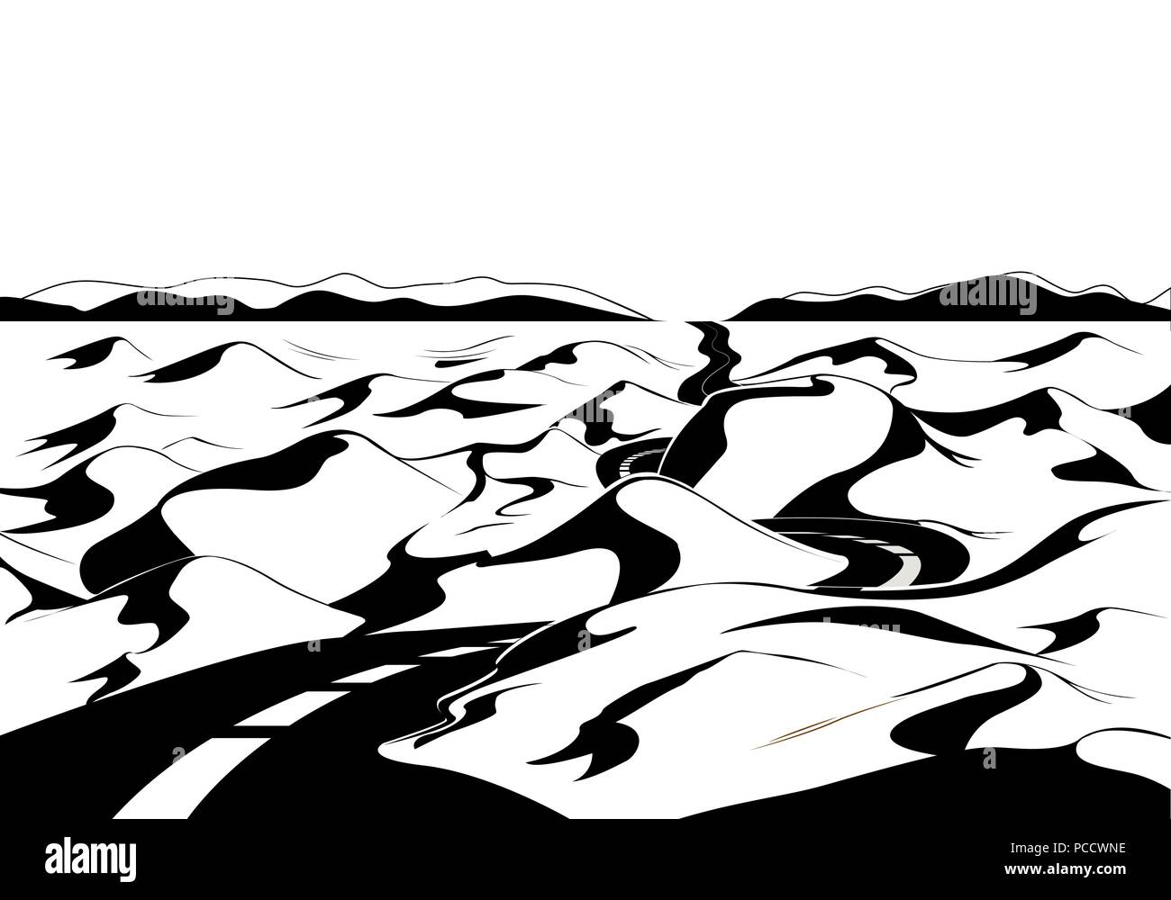 La strada attraverso il deserto. Cartone animato paesaggio. Illustrazione Vettoriale, in bianco e nero Illustrazione Vettoriale
