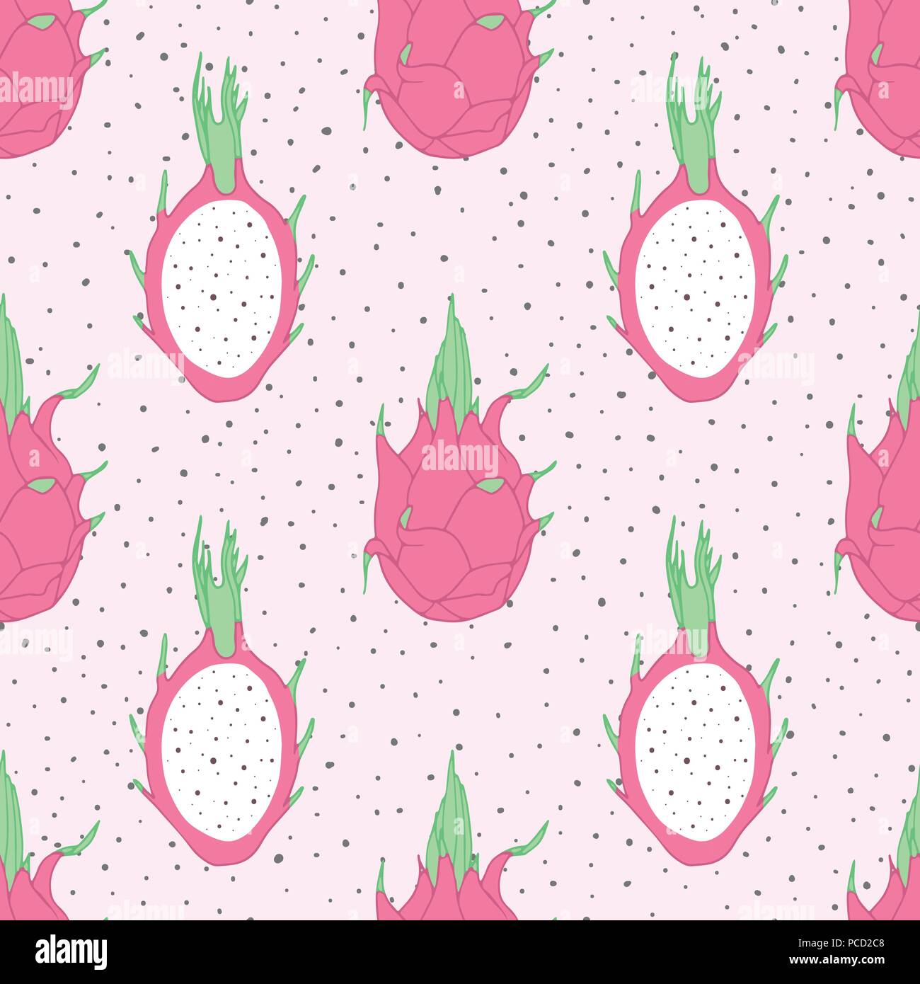 Vector tropical seamless pattern con dragon di frutta sul rosa punteggiato sfondo. Disegnato a mano pitahaya esotici. Cibo vegetariano. Illustrazione Vettoriale