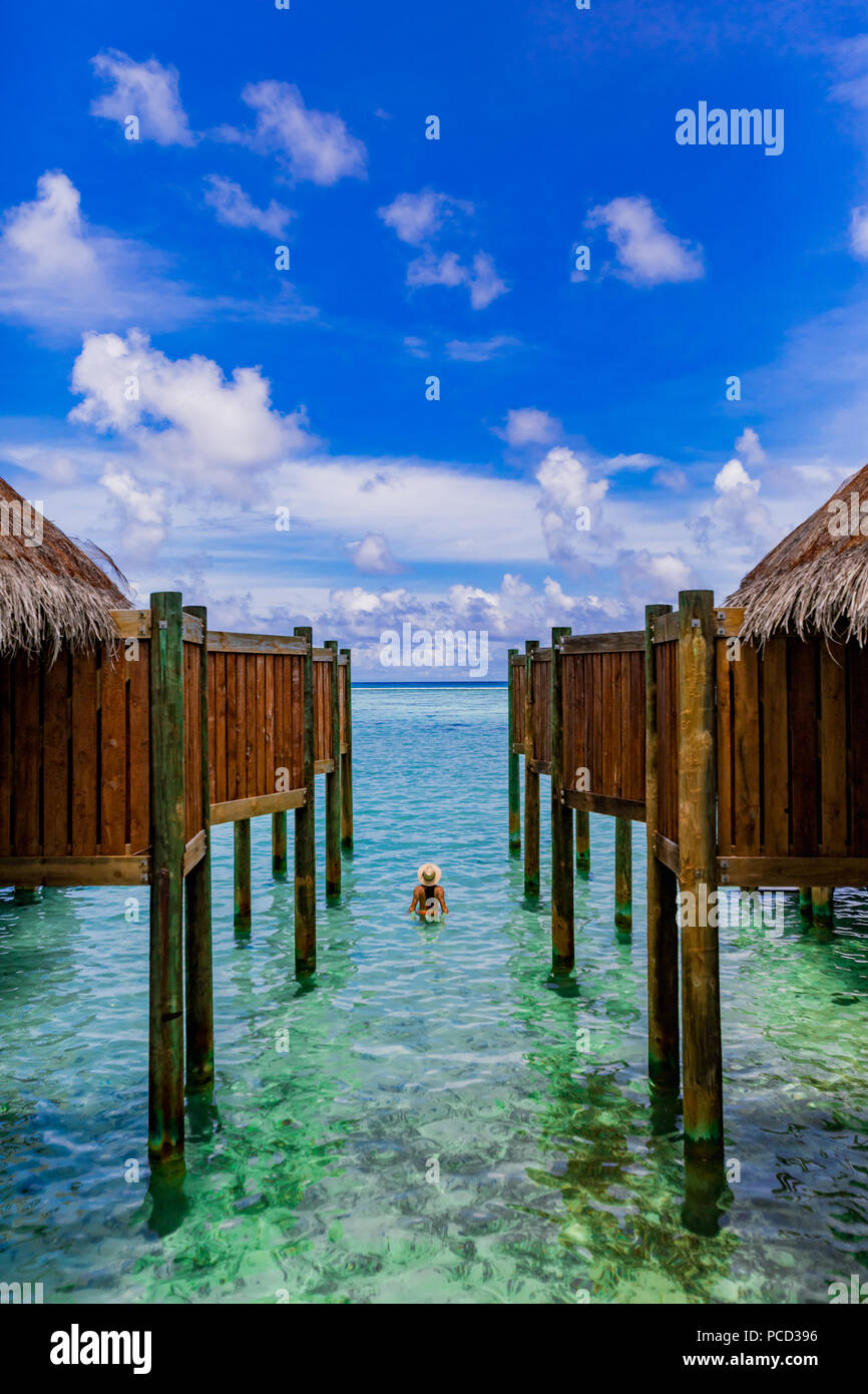 Uno splendido scenario del Conrad Maldives Rangali Island, Maldive, Oceano Indiano, Asia Foto Stock