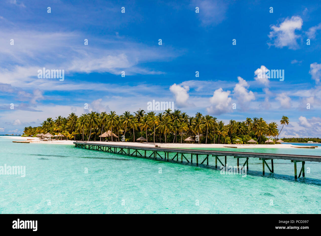 Uno splendido scenario del Conrad Maldives Rangali Island, Maldive, Oceano Indiano, Asia Foto Stock