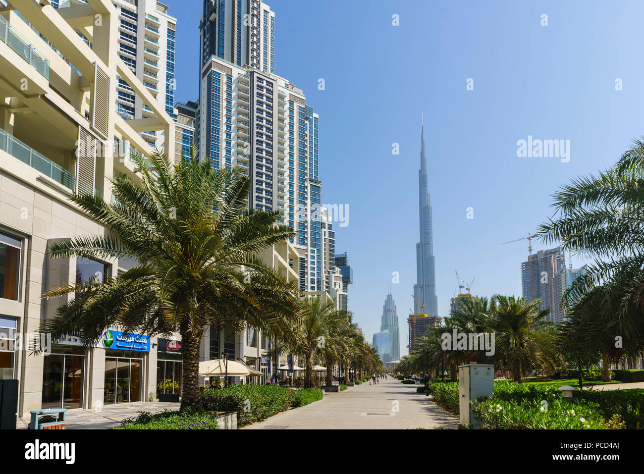 Il Burj Khalifa visto dal Business Bay, Dubai, Emirati Arabi Uniti, Medio Oriente Foto Stock