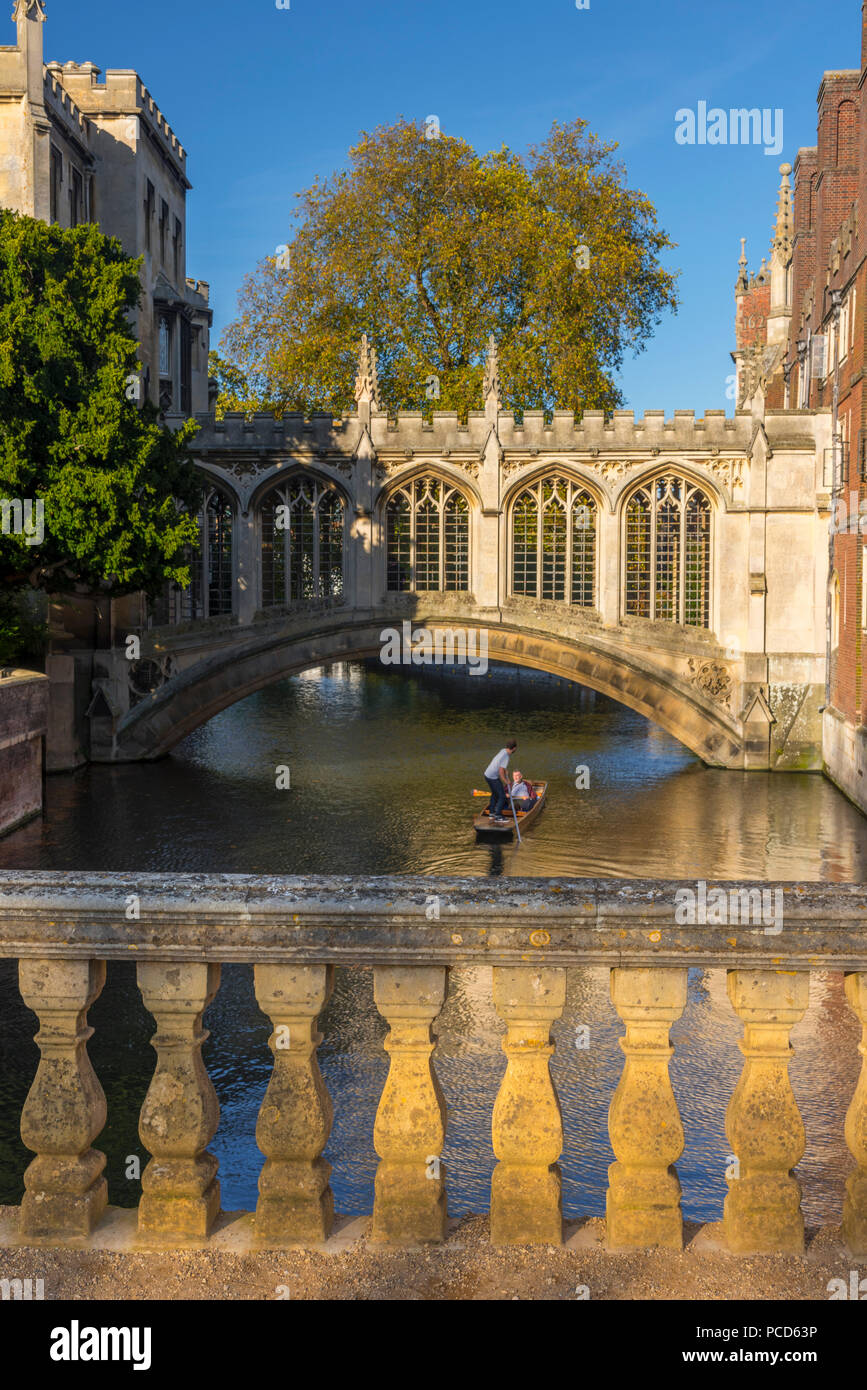 Punting sul fiume Cam, St. John's College, il Ponte dei Sospiri, Cambridge, Cambridgeshire, England, Regno Unito, Europa Foto Stock