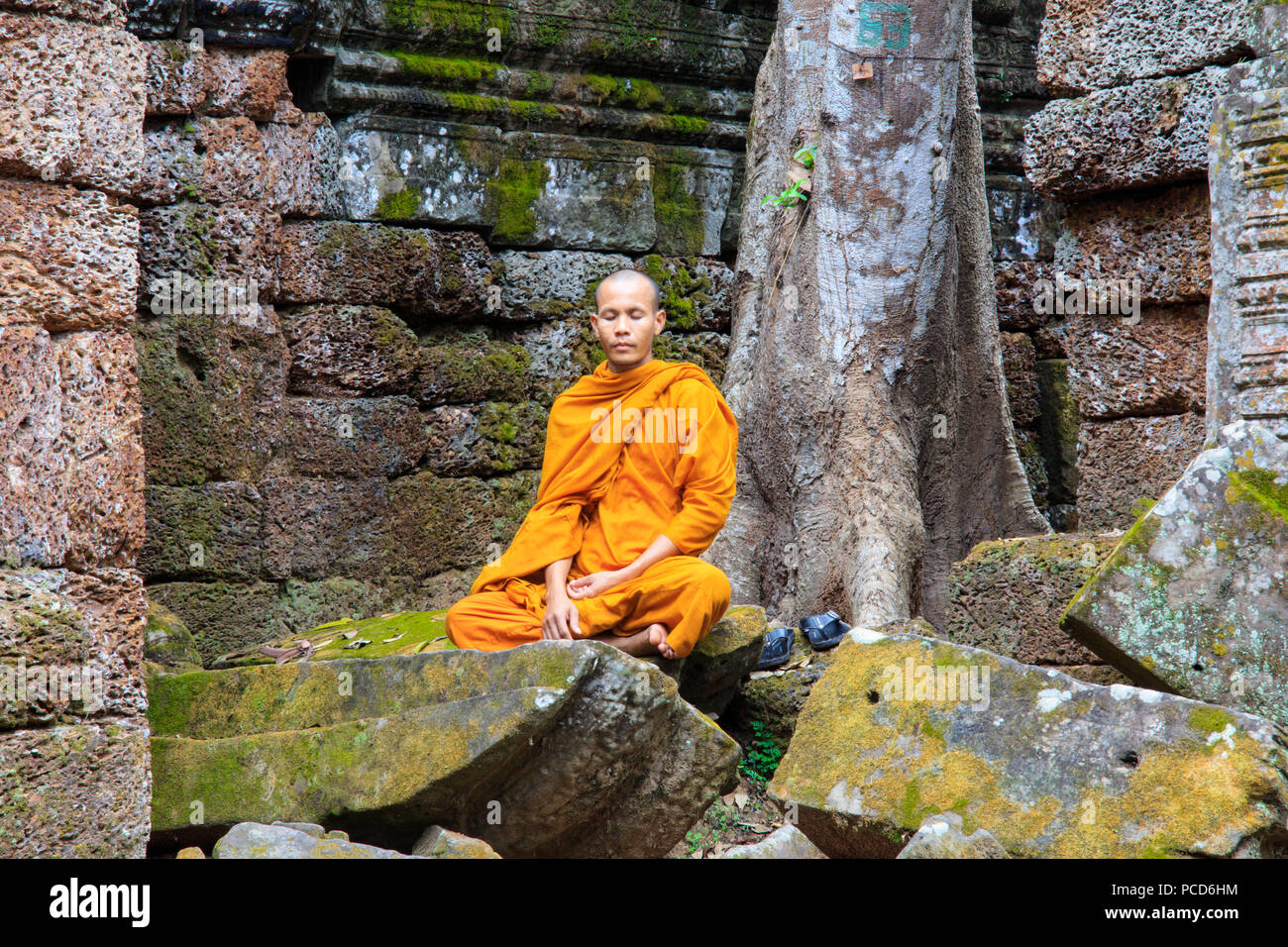 Monaco buddista seduto in una rovina tempio di Angkor, Sito Patrimonio Mondiale dell'UNESCO, Siem Reap, Cambogia, Indocina, Asia sud-orientale, Asia Foto Stock