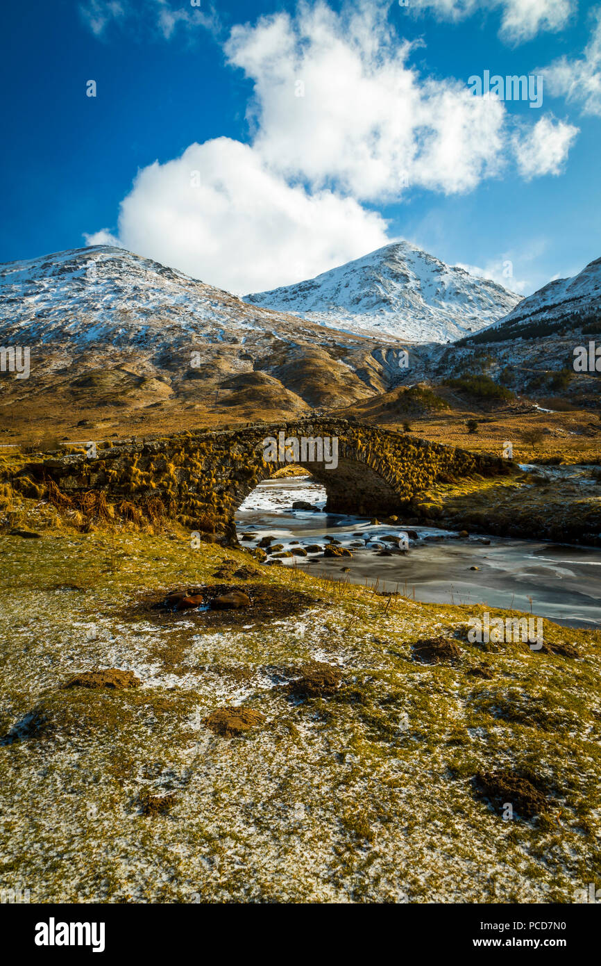 Vista delle montagne e del bestiame ponte in inverno, in Argyll Forest e Parco Nazionale, Highlands, Scotland, Regno Unito, Europa Foto Stock