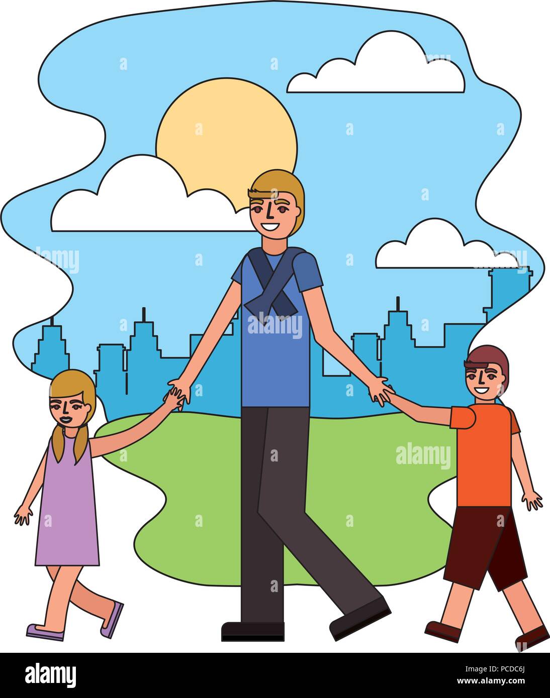 Padre a piedi con il figlio e la figlia in street city illustrazione vettoriale Illustrazione Vettoriale