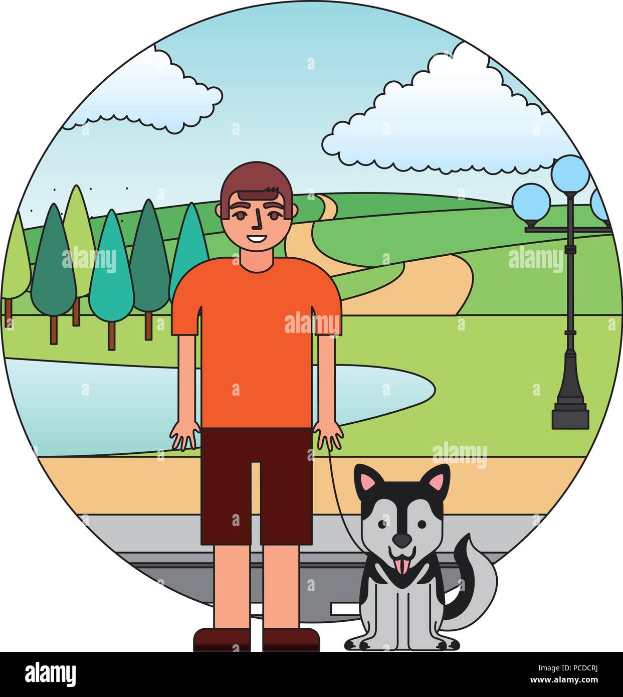 Ragazzo con il suo cane siberiano nel parco di strada illustrazione vettoriale Illustrazione Vettoriale