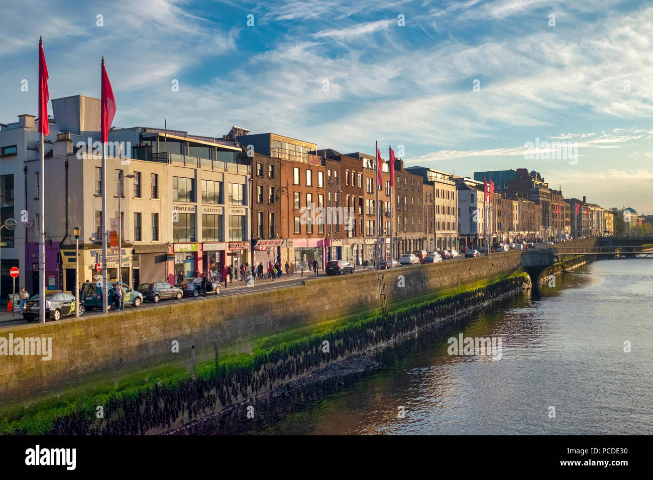 Wellington Quay al tramonto, quartiere di Temple Bar di Dublino Foto Stock