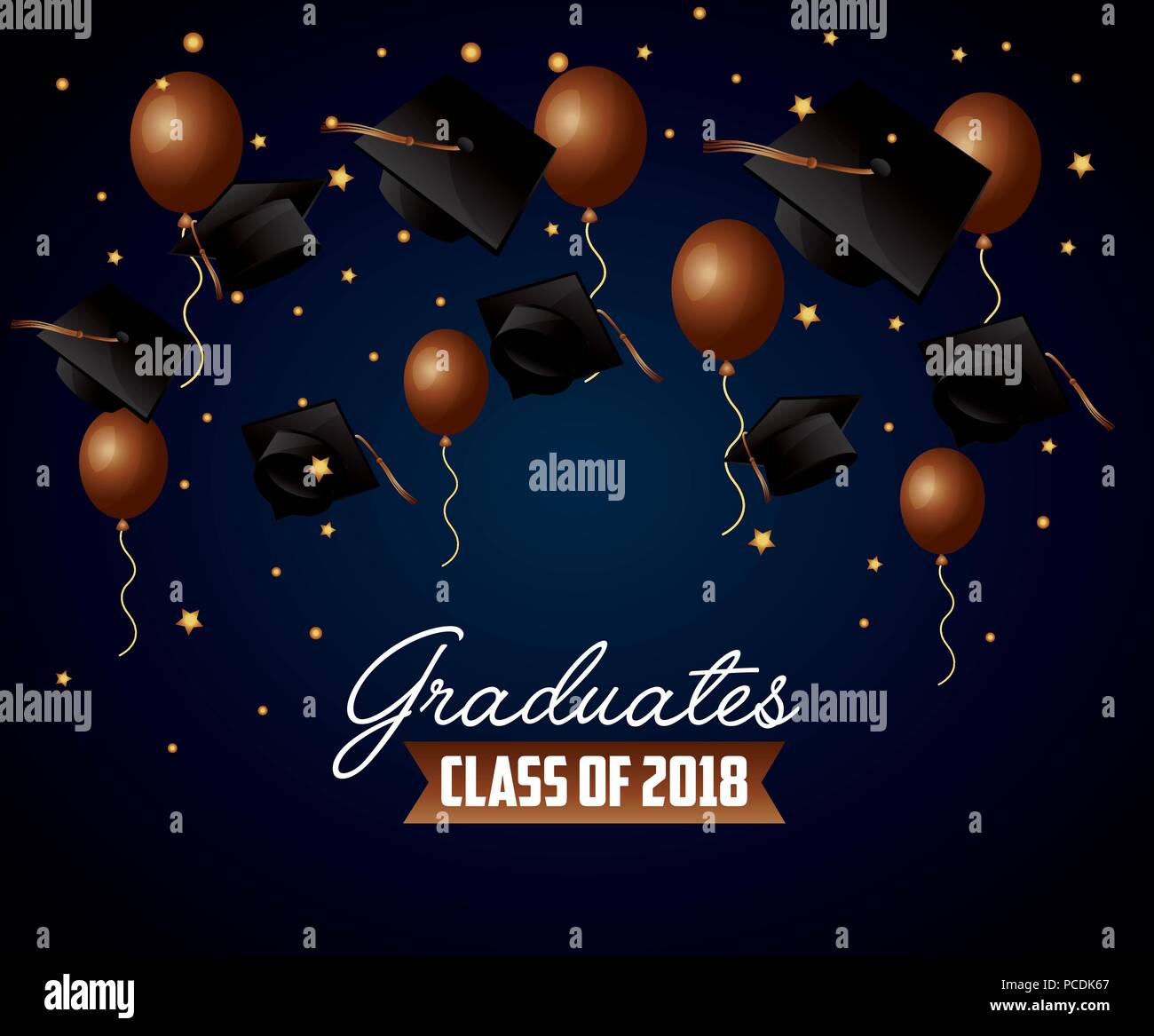 Congratulazioni Graduazione marrone celebrazione palloncini cappelli stelle sfondo illustrazione vettoriale Illustrazione Vettoriale
