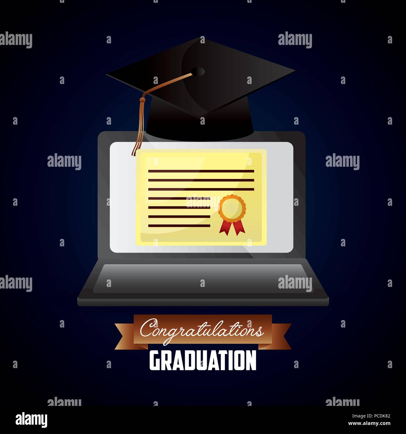 Congratulazioni graduazione hat sullo schermo del computer la pergamena segno a nastro illustrazione vettoriale Illustrazione Vettoriale