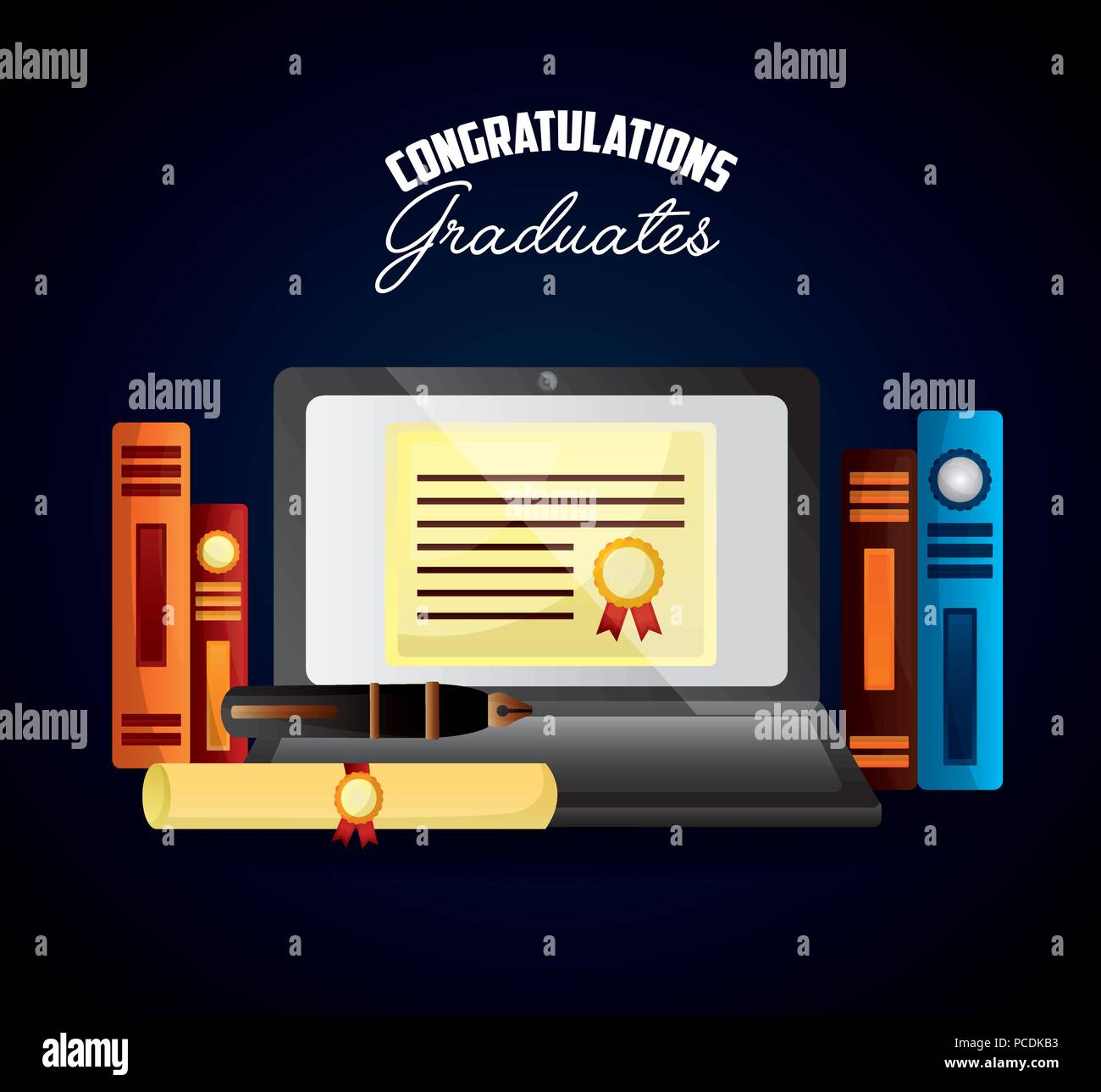 Congratulazioni graduazione dello schermo del computer certificato colori libri illustrazione vettoriale Illustrazione Vettoriale