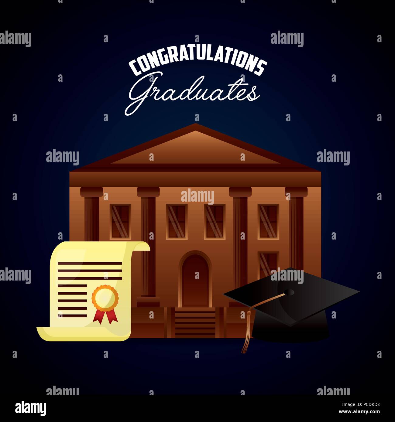 Congratulazioni laurea edificio scolastico con hat certificate illustrazione vettoriale Illustrazione Vettoriale