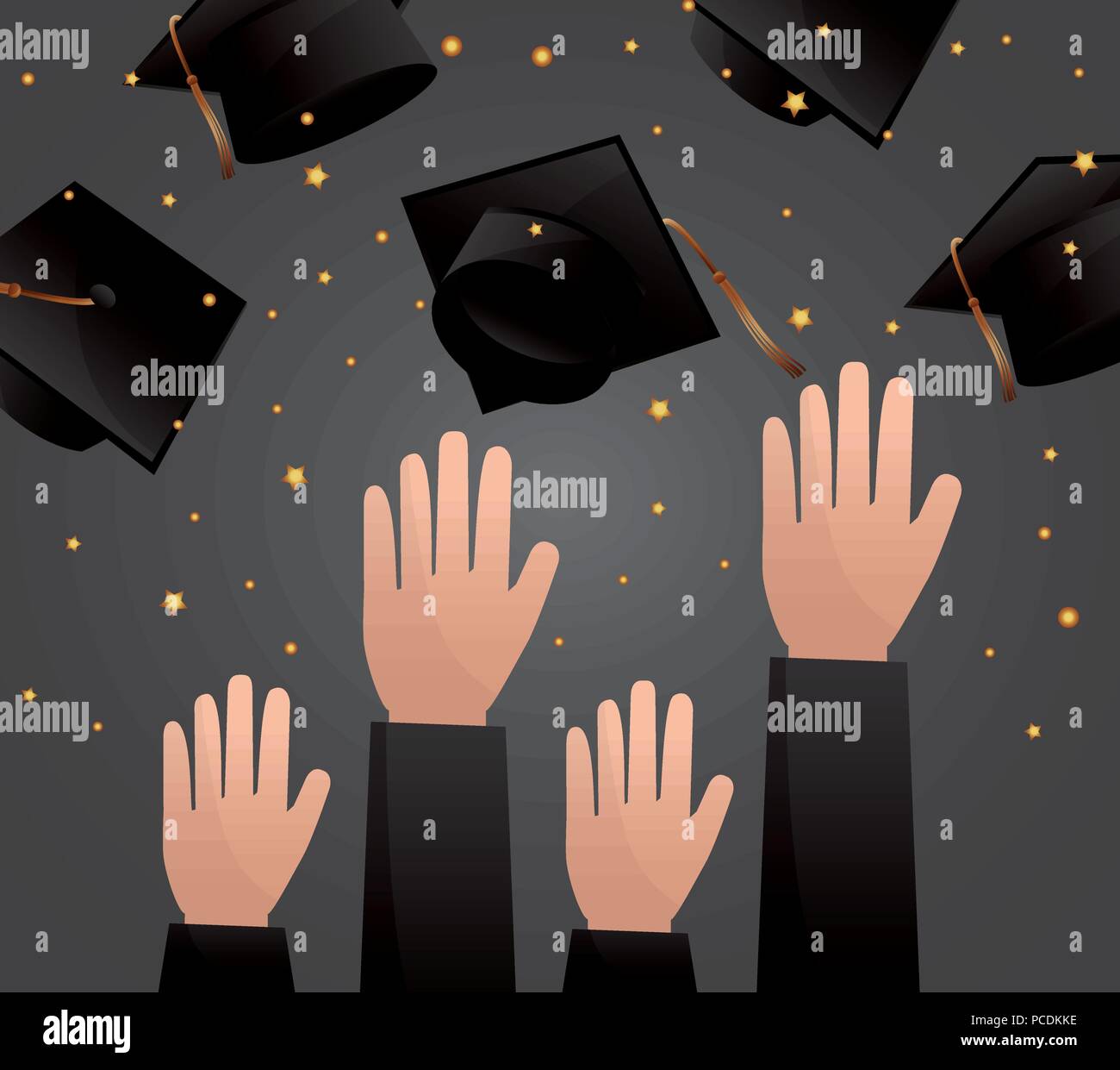 Congratulazioni graduazione hands up cappelli in aria celebrazione illustrazione vettoriale Illustrazione Vettoriale