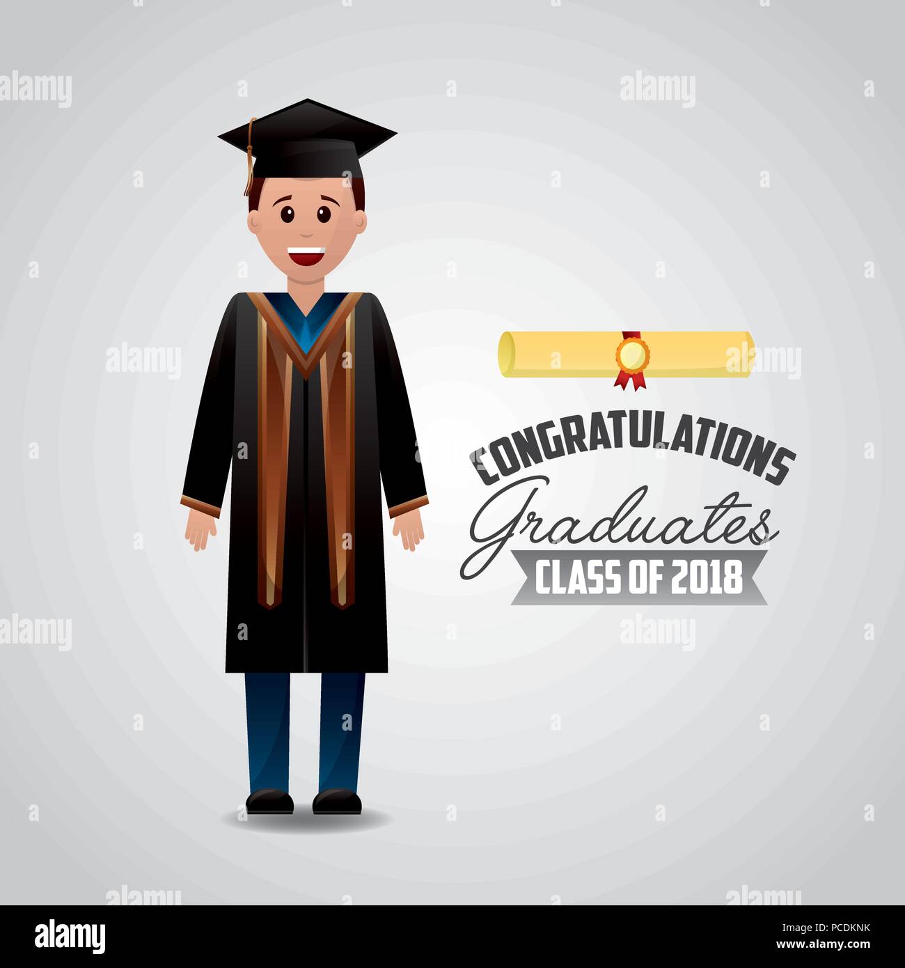 Congratulazioni laurea pergamena studente in piedi felici illustrazione vettoriale Illustrazione Vettoriale