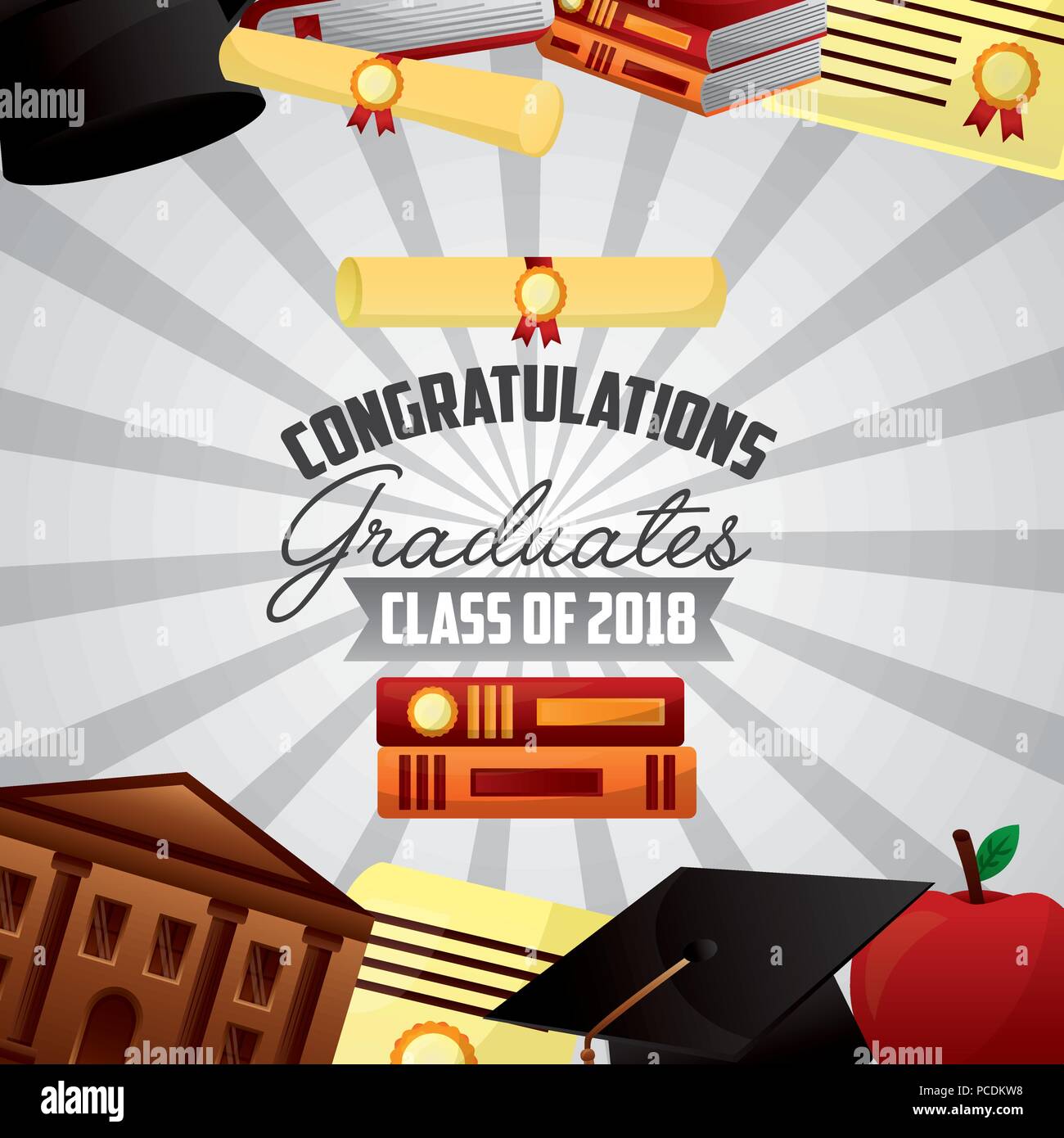 Congratulazioni laurea scuola libri cappelli certificati sfondo illustrazione vettoriale Illustrazione Vettoriale
