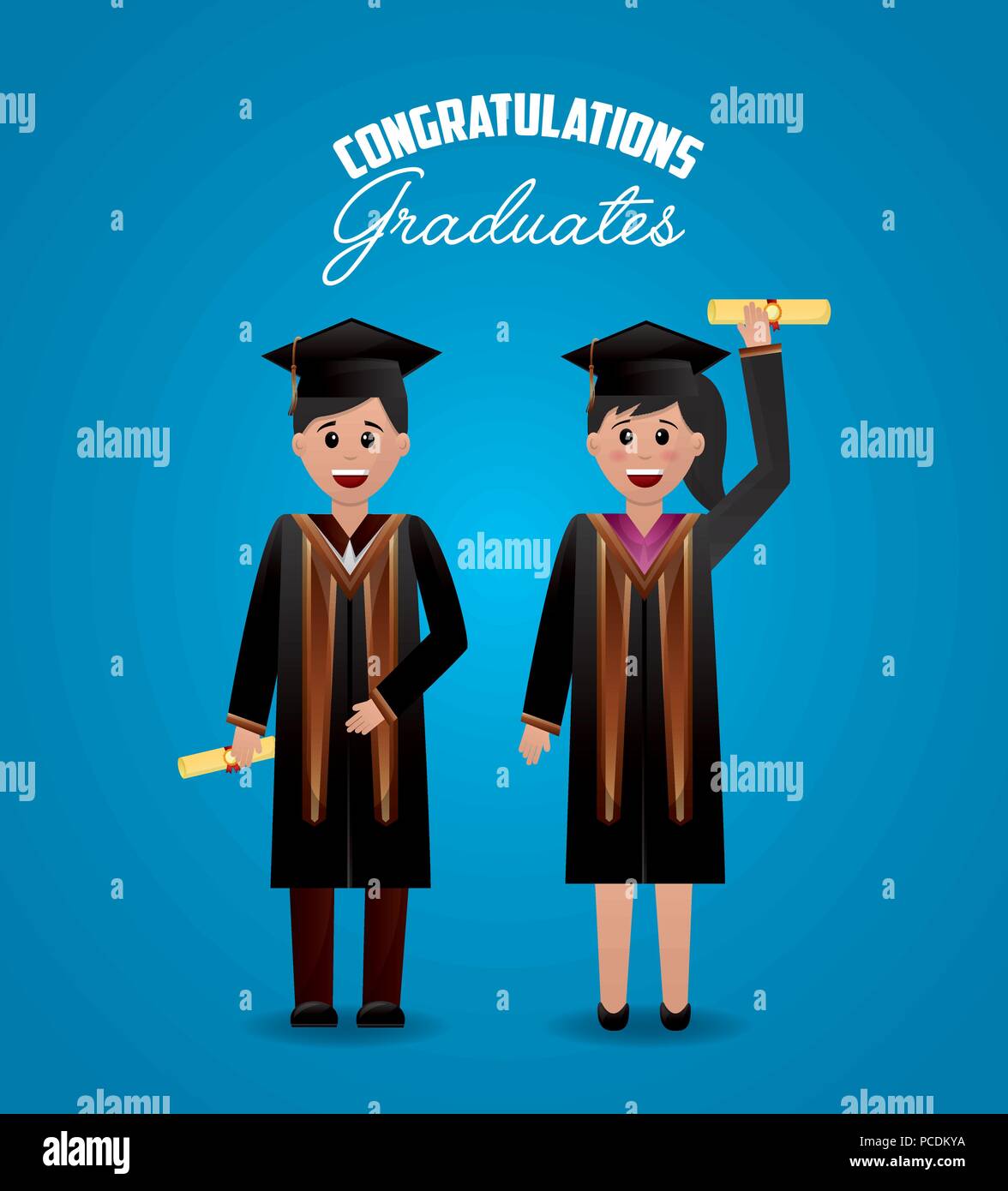 Congratulazioni laurea studenti carino saluto tenendo certificato illustrazione vettoriale Illustrazione Vettoriale