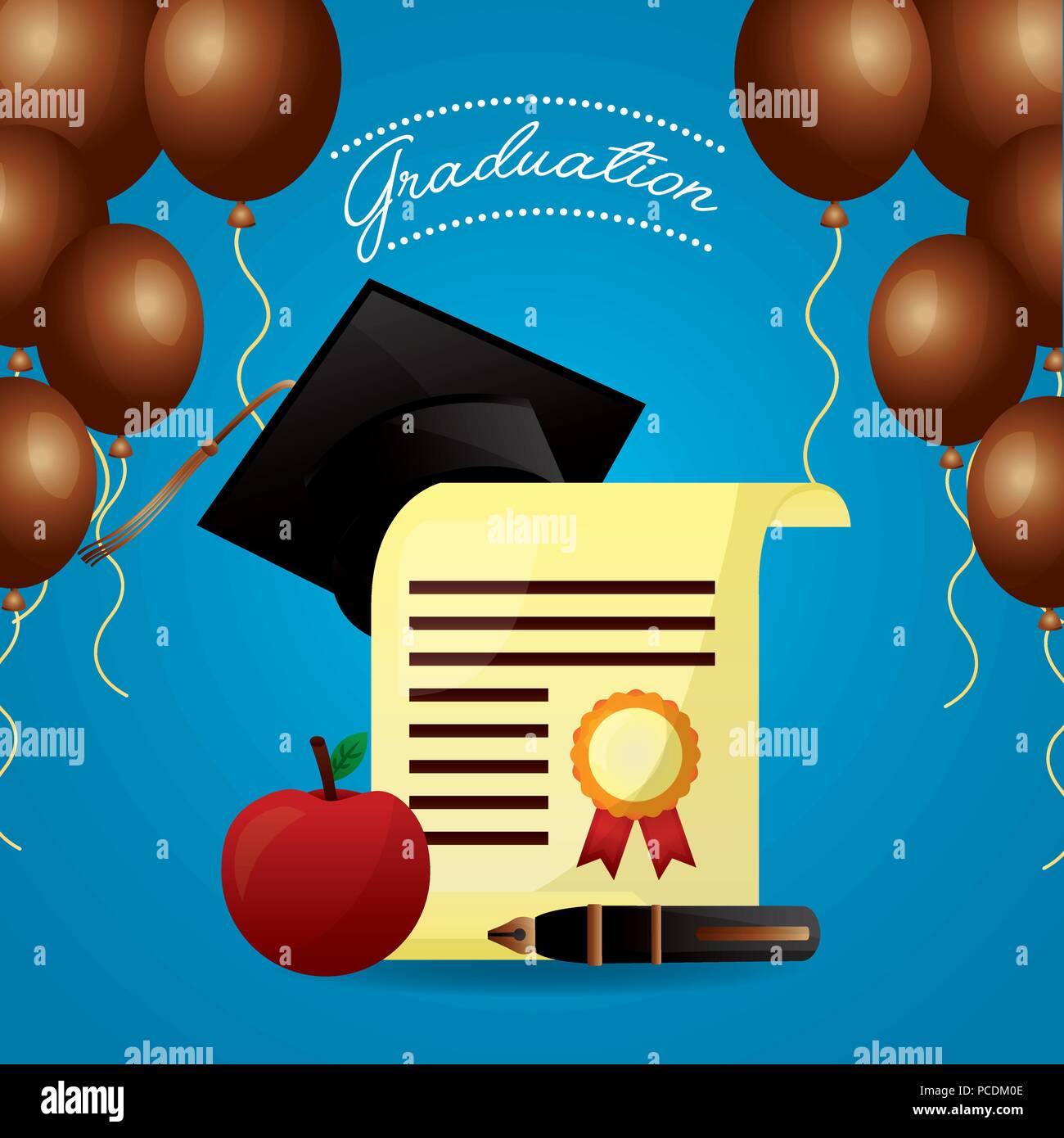 Congratulazioni Graduazione marrone palloncini celebrazione certificato Apple hat illustrazione vettoriale Illustrazione Vettoriale