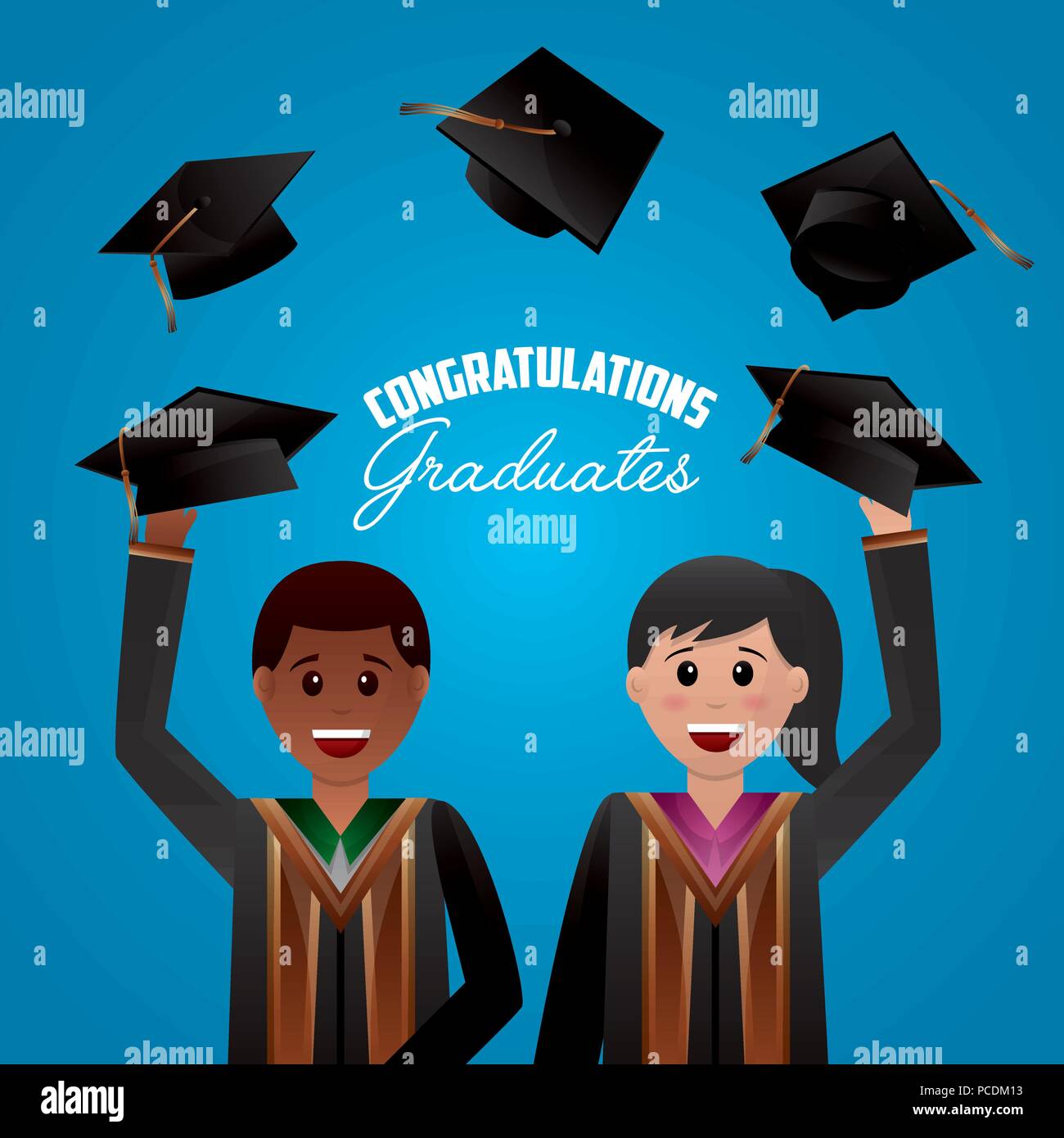Congratulazioni laurea cappelli in aria gli studenti sorridente illustrazione vettoriale Illustrazione Vettoriale