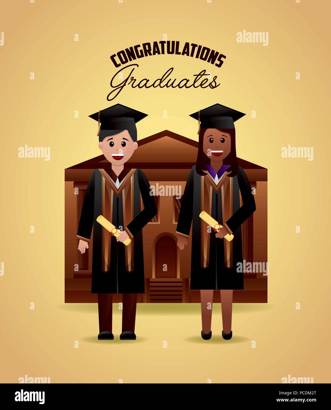 Congratulazioni laurea edificio cuola ragazze sorridenti studenti in possesso di certificato illustrazione vettoriale Illustrazione Vettoriale