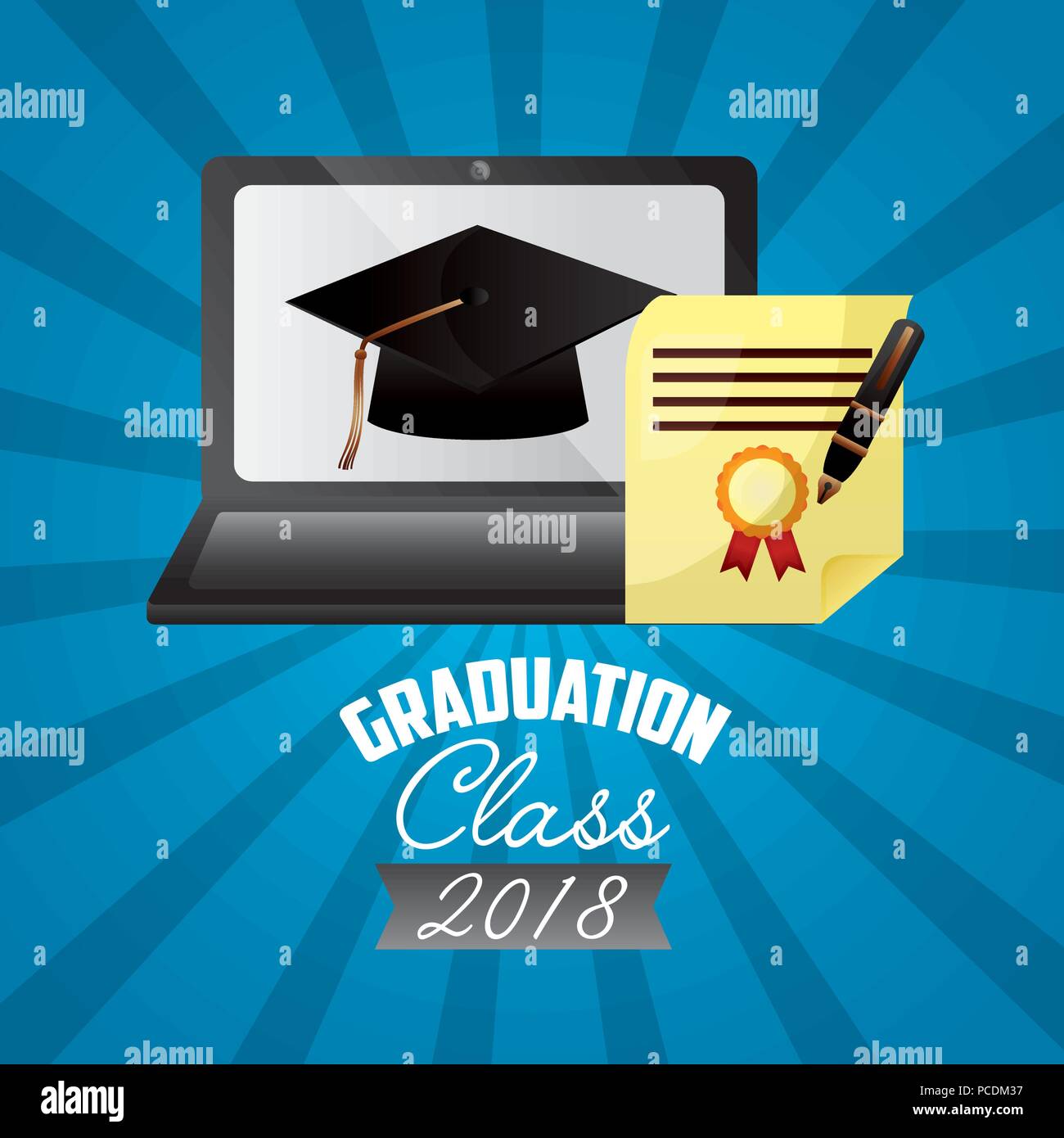 Congratulazioni graduazione dello schermo del computer hat certificate segno illustrazione vettoriale Illustrazione Vettoriale