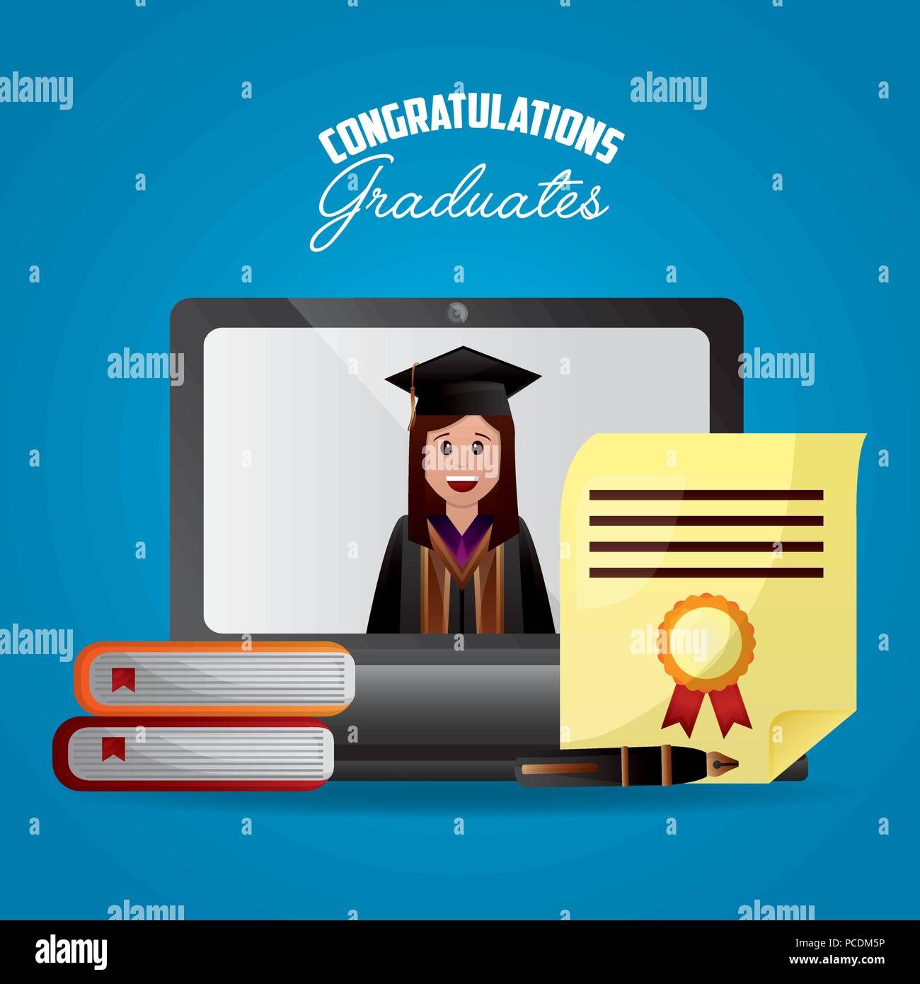Congratulazioni ragazza di graduazione nella schermata del computer studente certificato libri illustrazione vettoriale Illustrazione Vettoriale