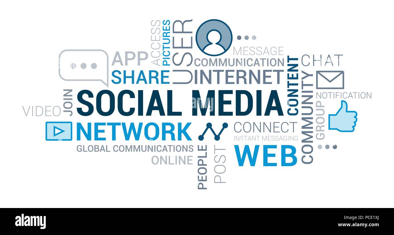 Social media, internet e reti tag cloud con icone e concetti Illustrazione Vettoriale