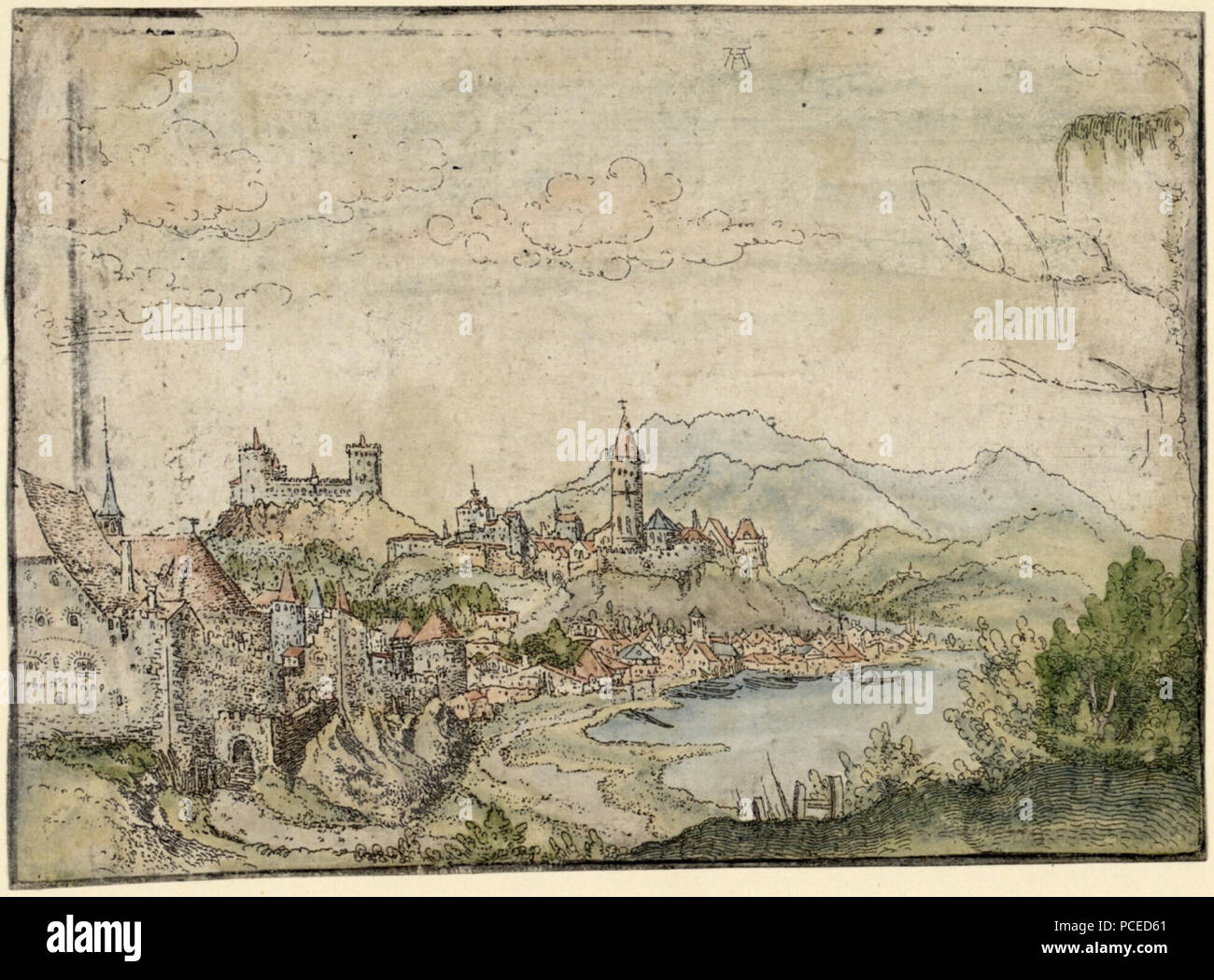 33 Albrecht Altdorfer - Paesaggio con una città in riva al lago (colorate a mano) Albertina DG1926-1783 Foto Stock