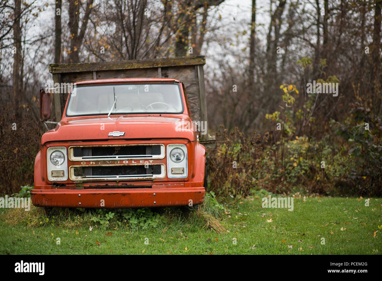 Vecchia fattoria carrello in un campo di fattoria in Stowe Vermont su un umido autunno giorno. Foto Stock